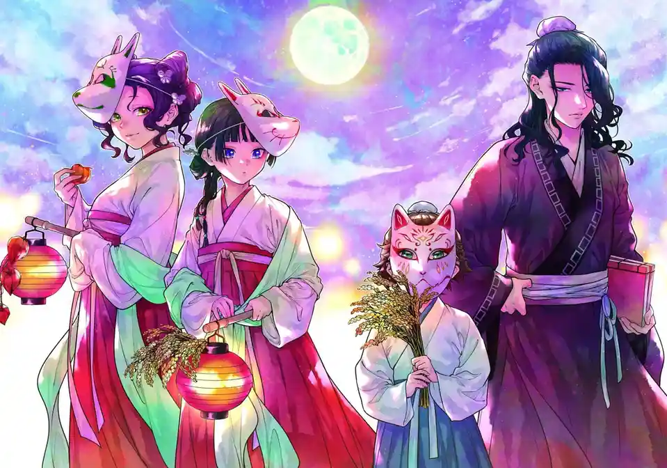 Four anime-style characters in traditional Japanese attire stand under a glowing moon against a vibrant purple and blue sky…