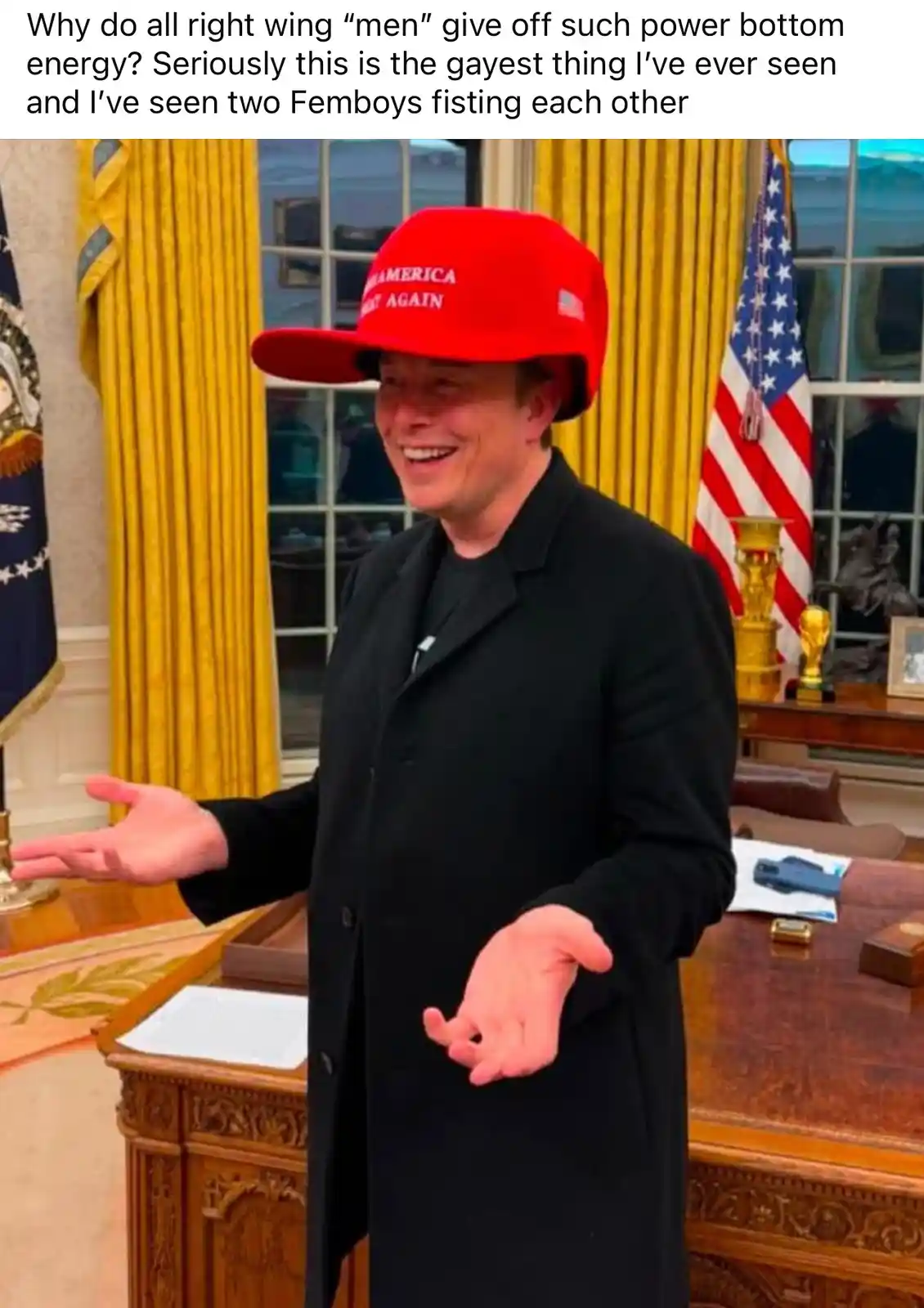 A man wearing a red 'Make America Great Again' cap and a black coat stands in an ornate office with yellow curtains and…