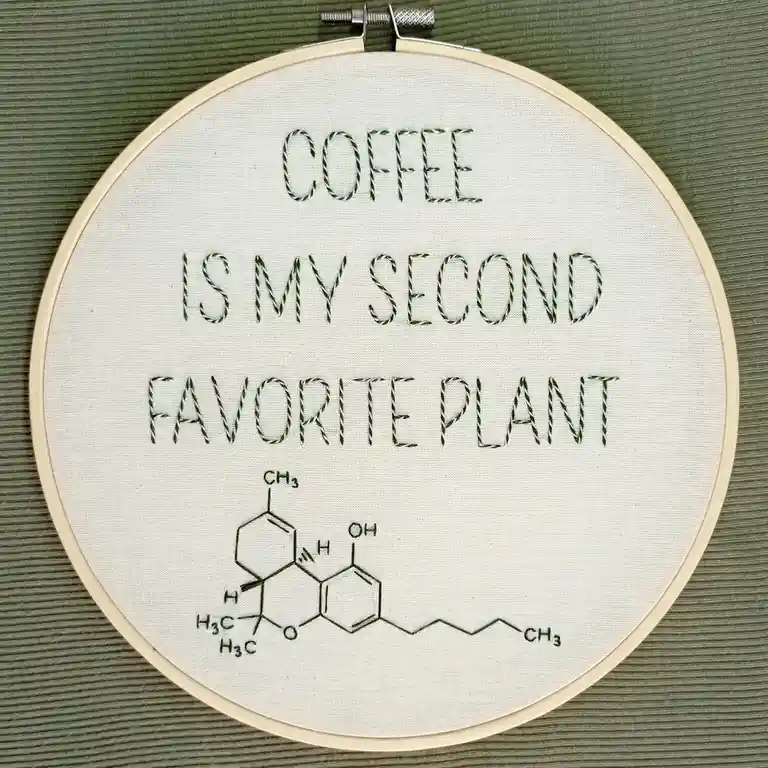 An embroidery hoop holds white fabric with green thread stitching that reads 'COFFEE IS MY SECOND FAVORITE PLANT' and a…