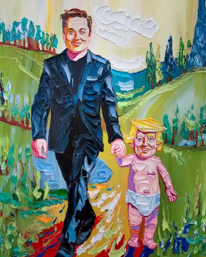 A thickly painted, impressionistic artwork shows a tall man in a dark suit holding hands with a small child wearing a diaper…