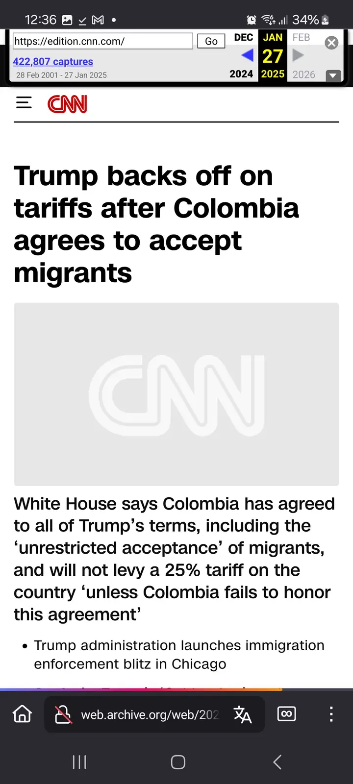 A screenshot of a CNN article from the Wayback Machine dated January 27, 2025, shows a headline claiming Trump backed off…