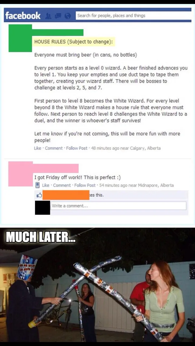 A Facebook post outlines a party game where guests become 'wizards' by collecting beer cans, taping them into 'staffs', and…
