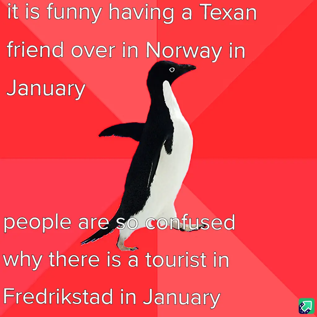 A black-and-white penguin stands against a red background with diagonal stripes. White text is overlaid in two sections: the…