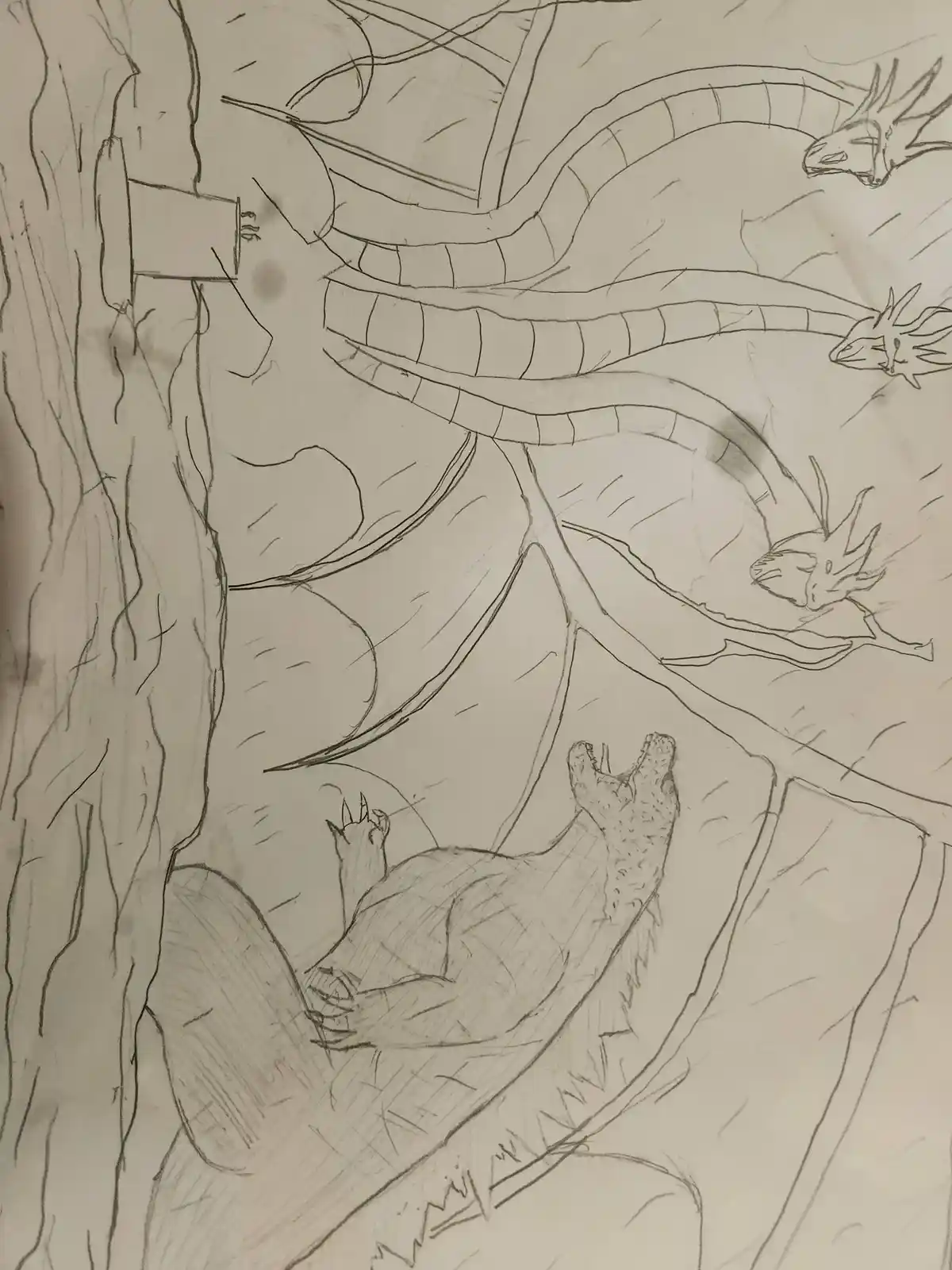 A pencil sketch depicts a large, roaring dragon-like creature lying on its back in a rocky crevice, with three smaller…
