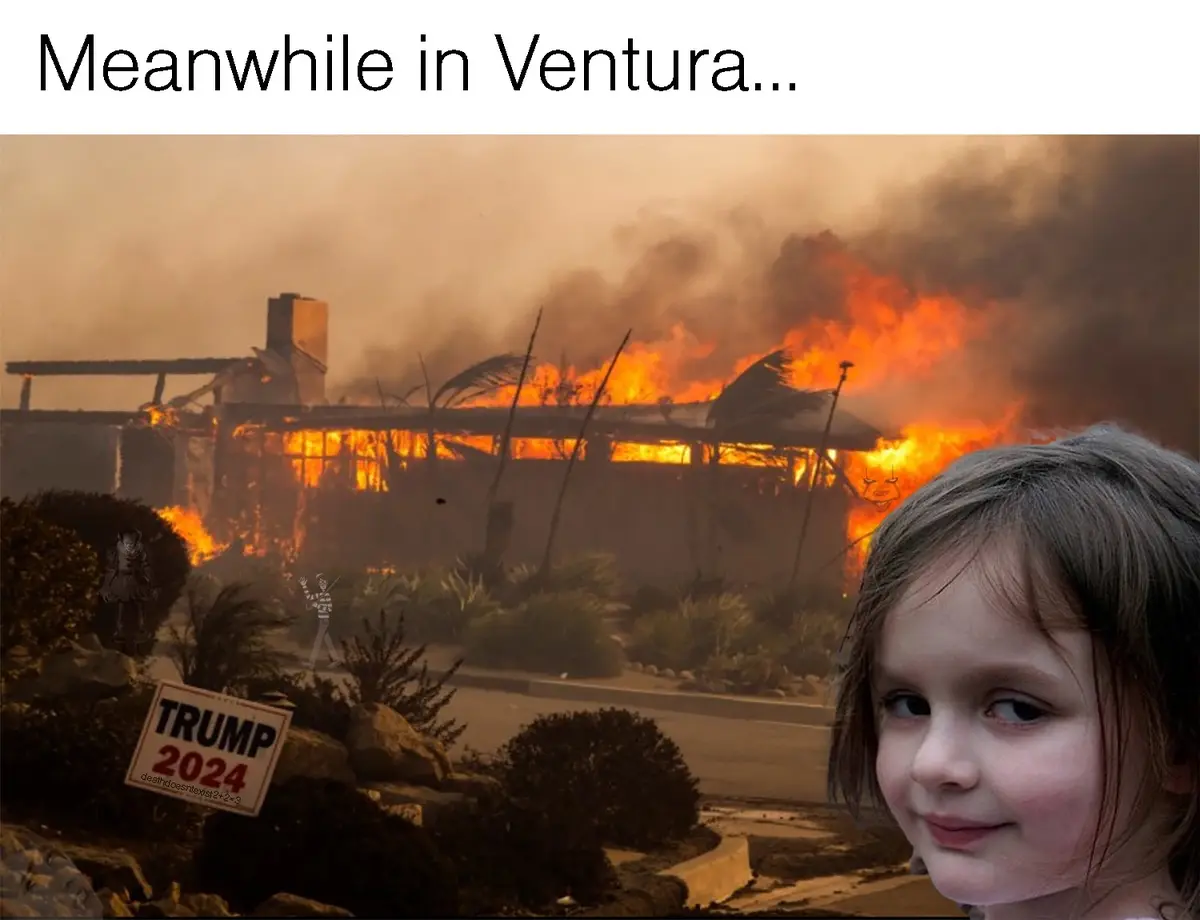 A house is engulfed in flames with thick smoke rising, while a 'TRUMP 2024' campaign sign is visible in the foreground. A…