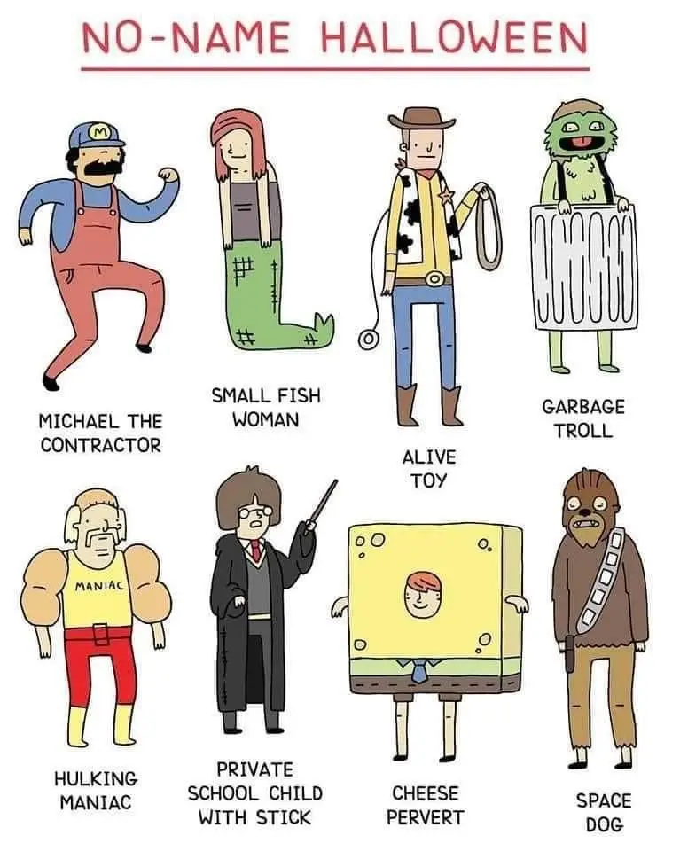 An illustrated Halloween costume guide titled 'NO-NAME HALLOWEEN' showing eight cartoonish costumes with humorous…