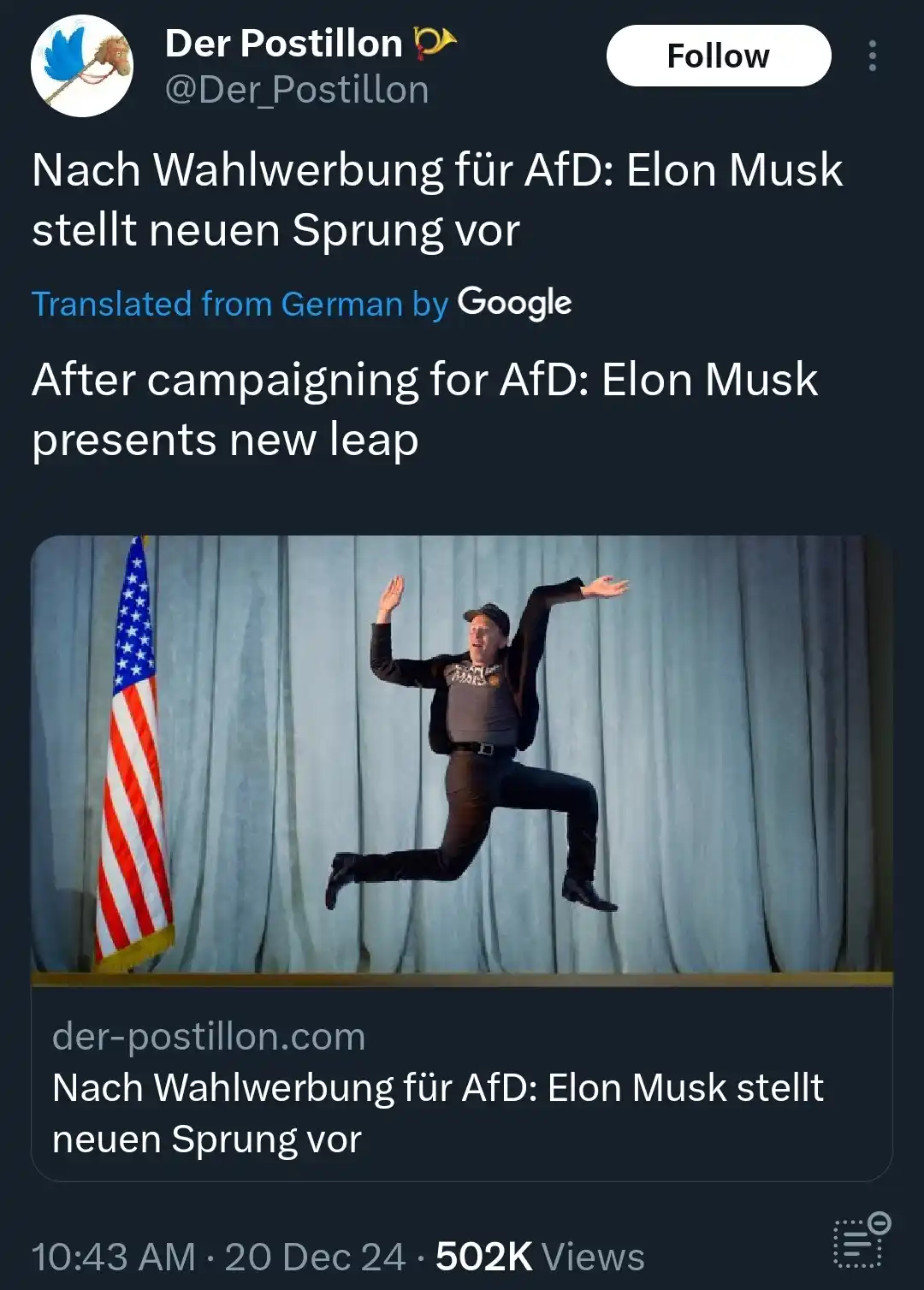 A screenshot of a tweet from 'Der Postillon' shows a man mid-air in a dynamic jumping pose, wearing a cap and jacket…