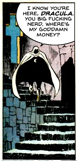 A comic book panel shows a shadowy figure in a cape descending stone stairs, with a speech bubble above reading 'I KNOW…