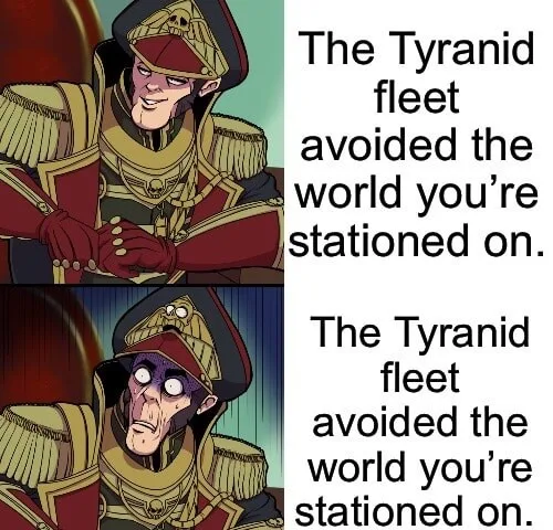Two-panel meme featuring a character in ornate red and gold military uniform. In the top panel, he smirks confidently. In…