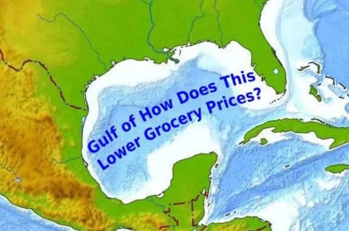A map image shows the Gulf of Mexico with blue text overlaid that reads 'Gulf of How Does This Lower Grocery Prices?' The…