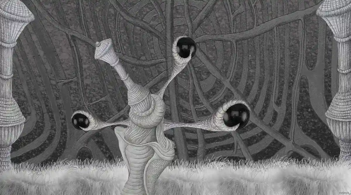 A black-and-white, highly detailed drawing depicts a surreal, organic creature with three long, tentacle-like arms, each…