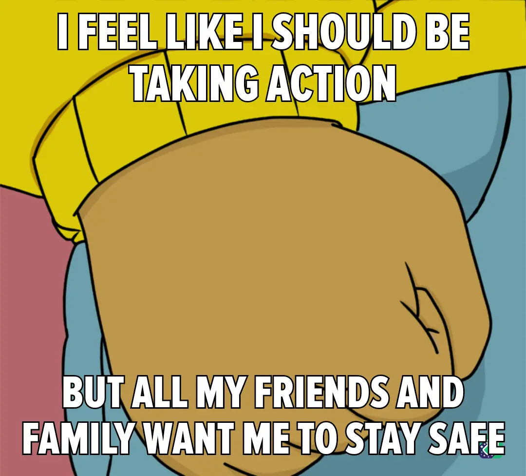 A close-up cartoon image shows a person's clenched fist, viewed from behind, wearing a yellow shirt and blue pants. The text…