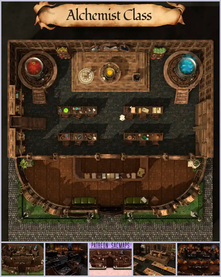 An overhead view of a fantasy alchemist's workshop labeled 'Alchemist Class,' featuring two large cauldrons with glowing red…