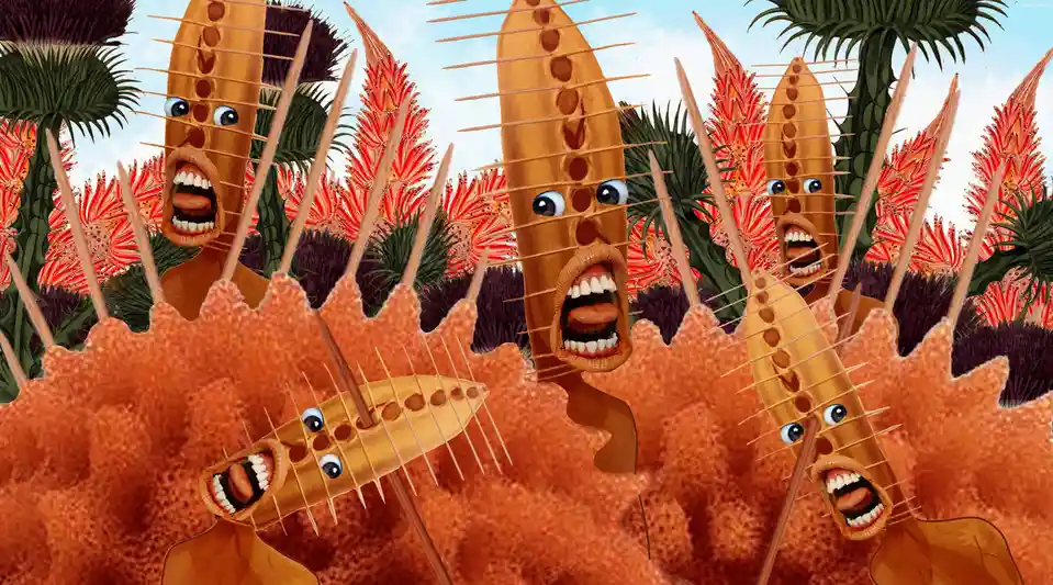 The image shows four cartoonish, anthropomorphic corn dogs with wide-open mouths, screaming in terror as they emerge from a…