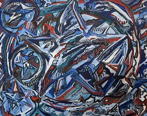 An abstract painting with chaotic, swirling shapes in blue, red, and white, resembling distorted machinery or gears…