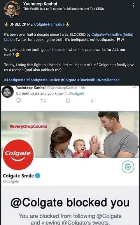 A screenshot of a Twitter post by Yashdeep Kanhai shows a Colgate advertisement featuring a smiling family. The post…