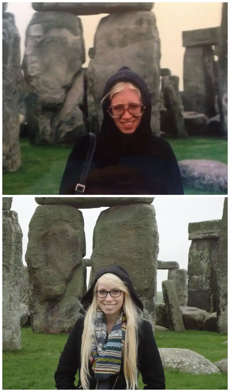 Two photos of the same blonde woman with glasses at Stonehenge, top image shows her with a strained, awkward smile while…