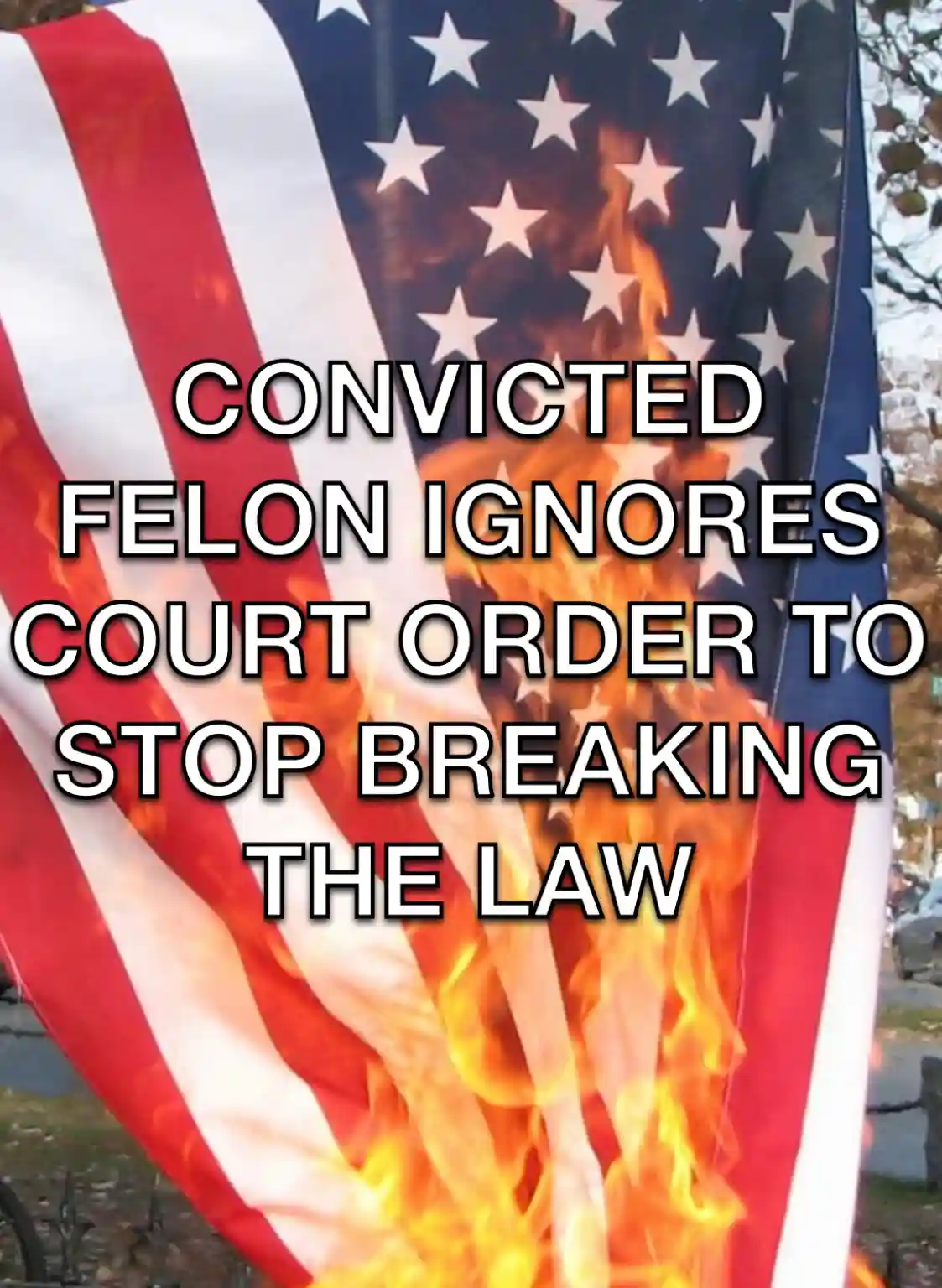An american flag is visibly burning with flames consuming its fabric, overlaid with bold white text stating 'CONVICTED FELON…