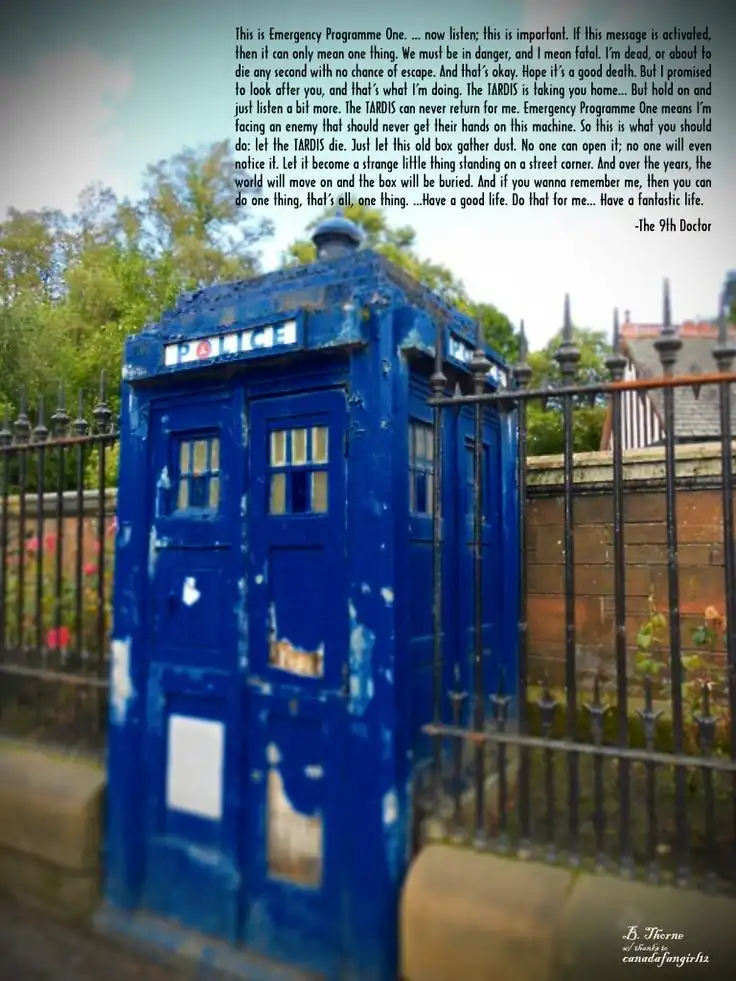 A weathered, blue British police box, known as the TARDIS from Doctor Who, stands behind a black metal fence. Overlaid text…