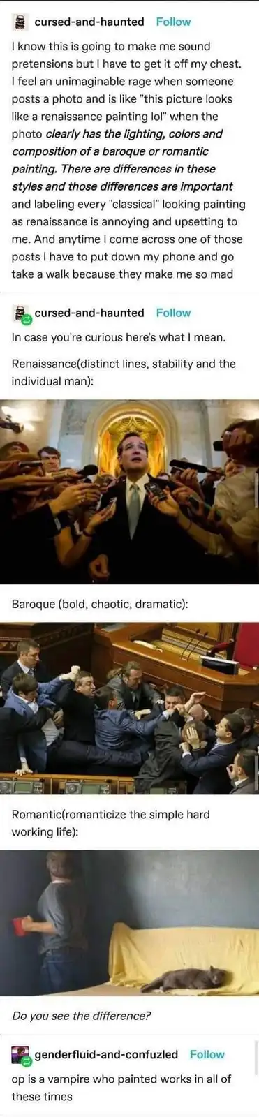 A three-part meme comparing Renaissance, Baroque, and Romantic art styles using photos of a man being interviewed, men…