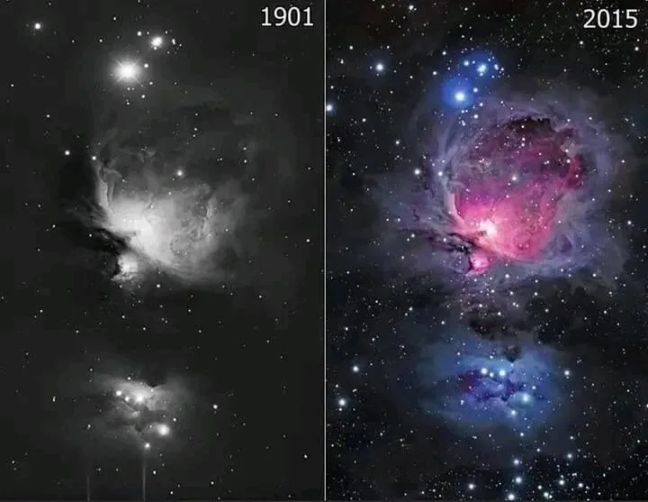 The image displays two side-by-side astronomical photographs of the Orion Nebula, labeled '1901' and '2015'. The left panel…