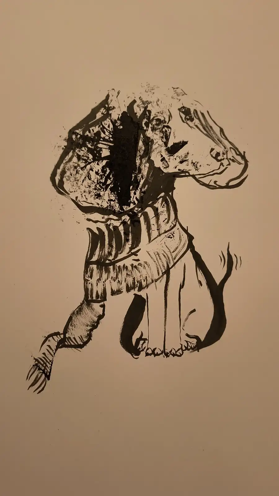 A black-and-white ink drawing depicts a stylized, monstrous humanoid figure with a shattered, fragmented head, clawed hands…
