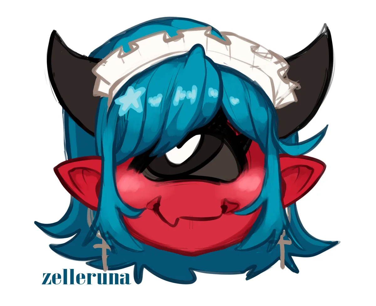 A cartoon character with blue hair, black horns, red ears, and a red face, wearing a white frilly headband, has a single…