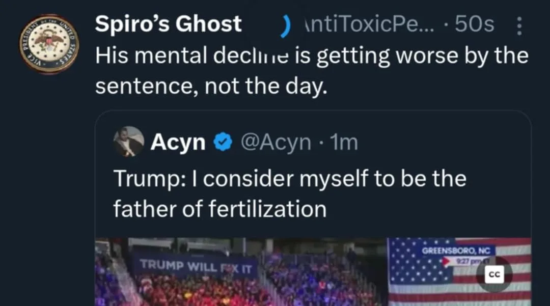 A screenshot of a Twitter thread shows a reply from 'Spiro's Ghost' commenting on 'Trump: I consider myself to be the father…