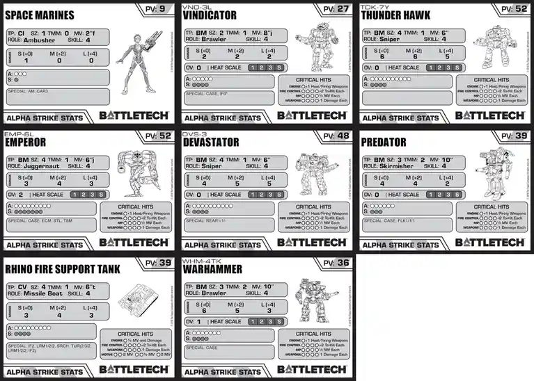 The image displays six BattleTech Alpha Strike Stats cards arranged in a grid, showing stats for various units including…