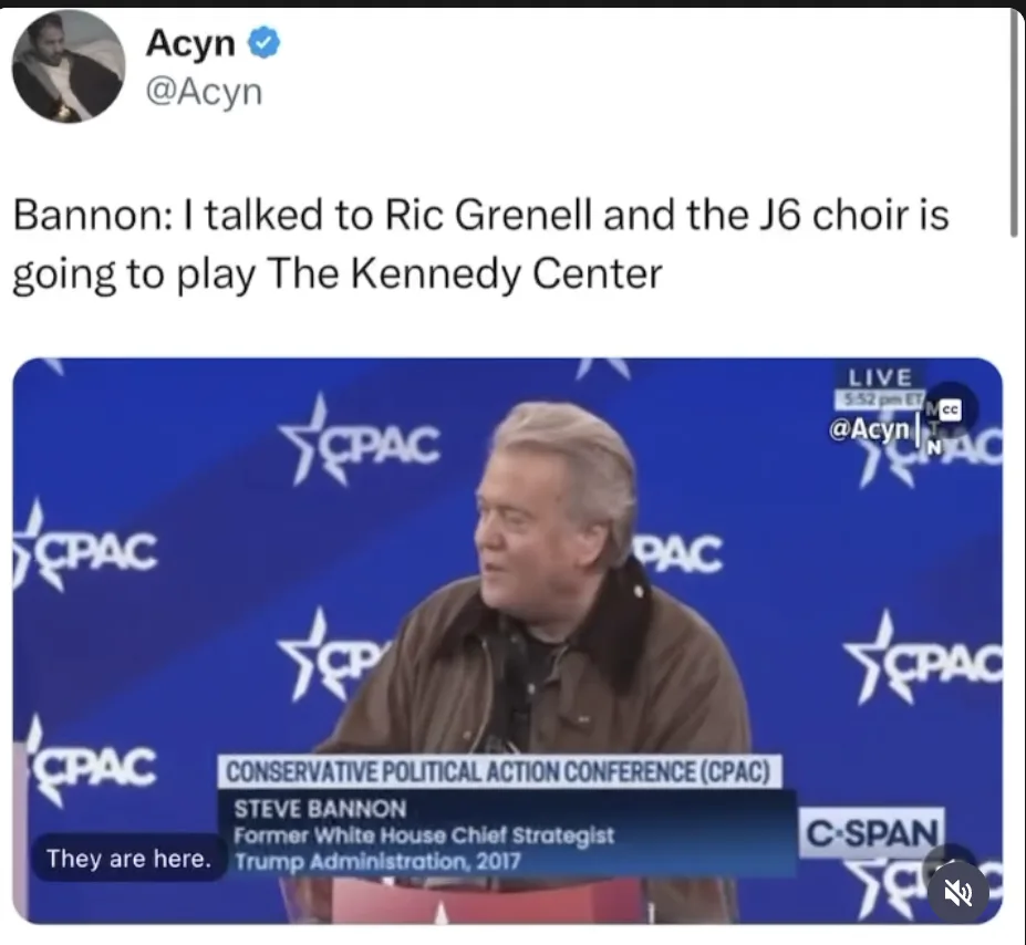A screenshot of a tweet by Acyn showing a video of Steve Bannon speaking at the CPAC conference. The on-screen text…