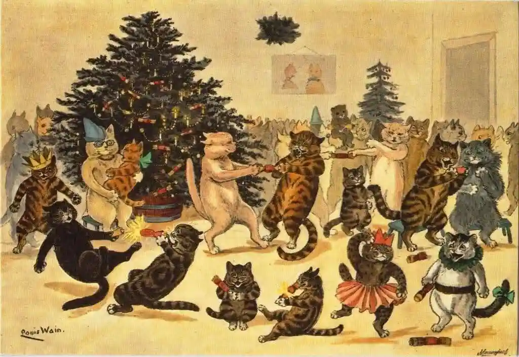a vintage illustration by louis wain depicts a large gathering of anthropomorphic cats celebrating christmas around a…