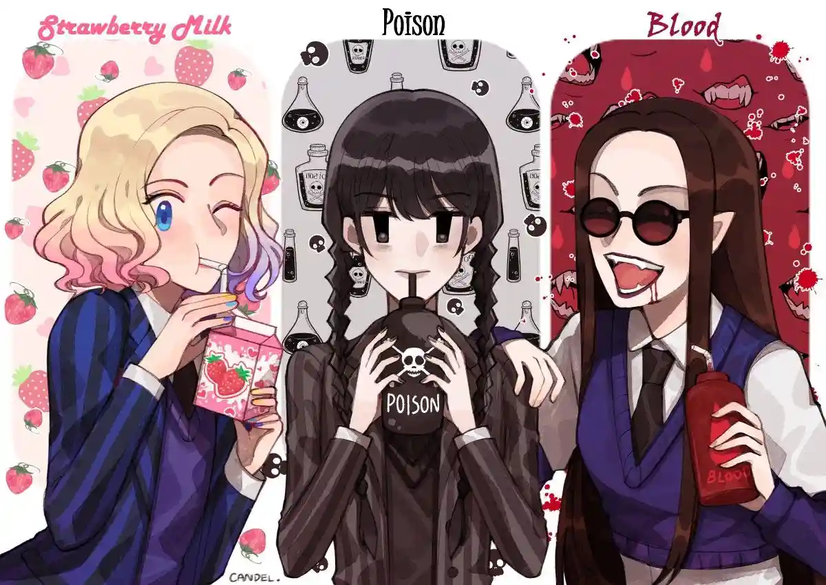 Three anime-style girls in school uniforms drink from containers labeled 'Strawberry Milk,' 'Poison,' and 'Blood,' each with…