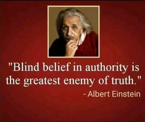 A red background features a framed portrait of Albert Einstein with his hand near his chin. Below the portrait, white text…