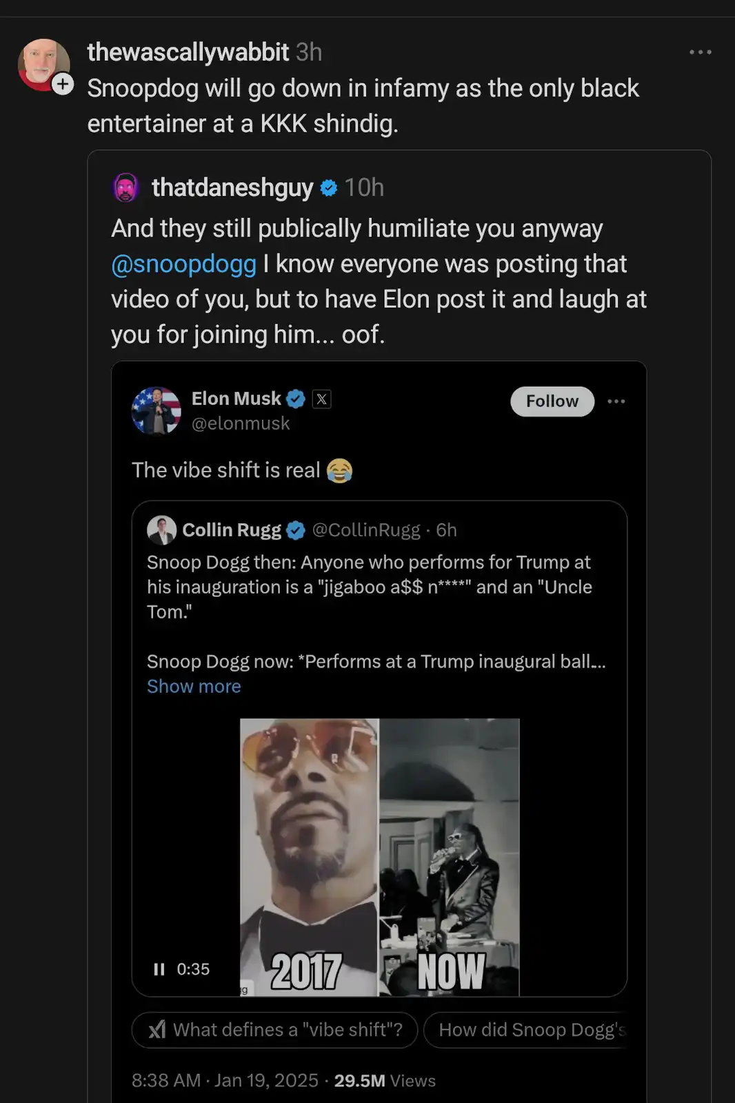 A screenshot of a Twitter thread discussing Snoop Dogg's past and present public image, featuring a split image of Snoop…