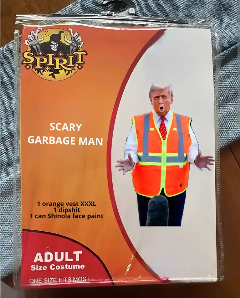 A Spirit Halloween costume package labeled 'SCARY GARBAGE MAN' features a photo of Donald Trump wearing an orange safety…