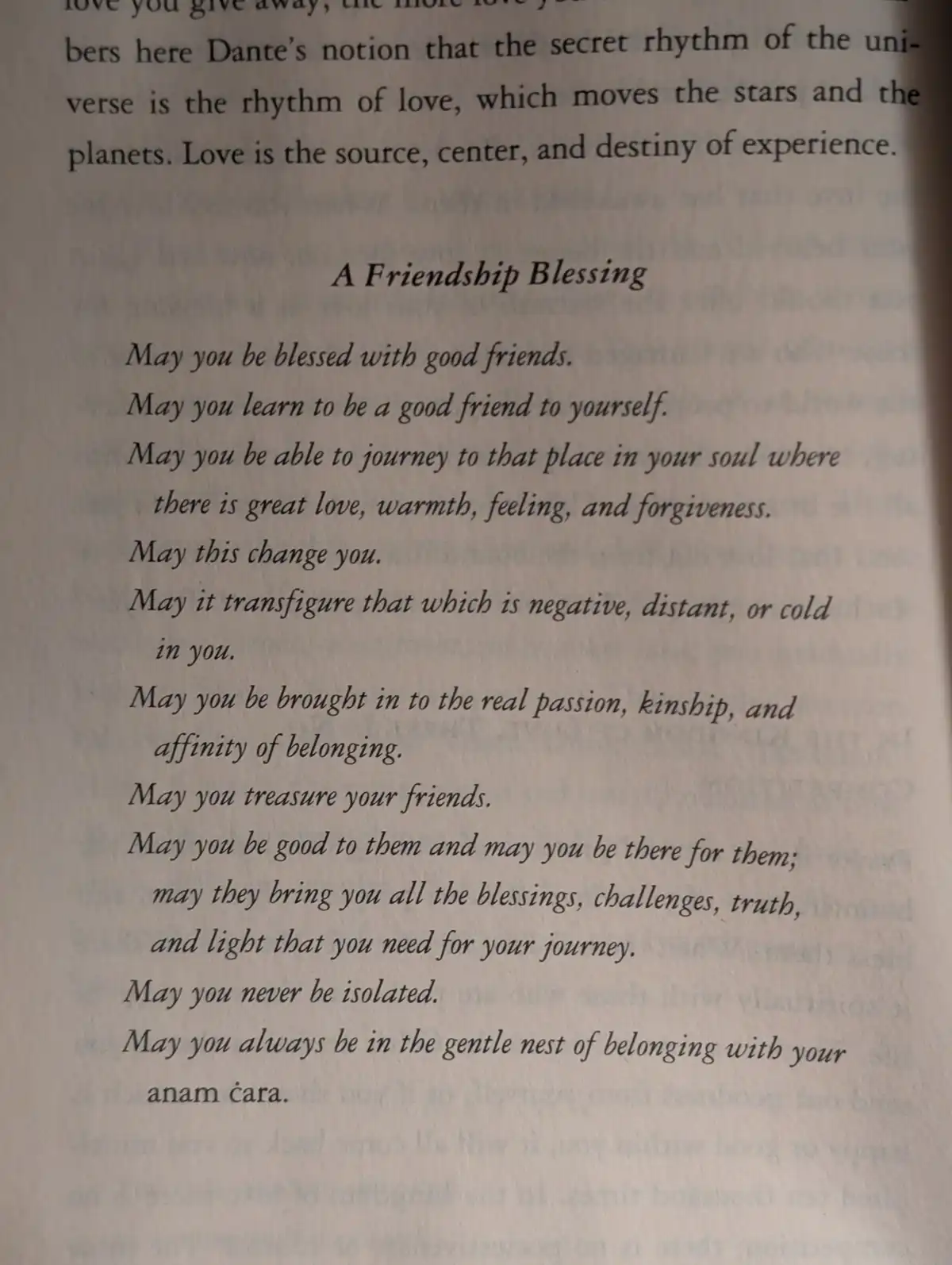 A close-up photo of a printed page titled 'A Friendship Blessing,' featuring a poetic text with lines like 'May you be…