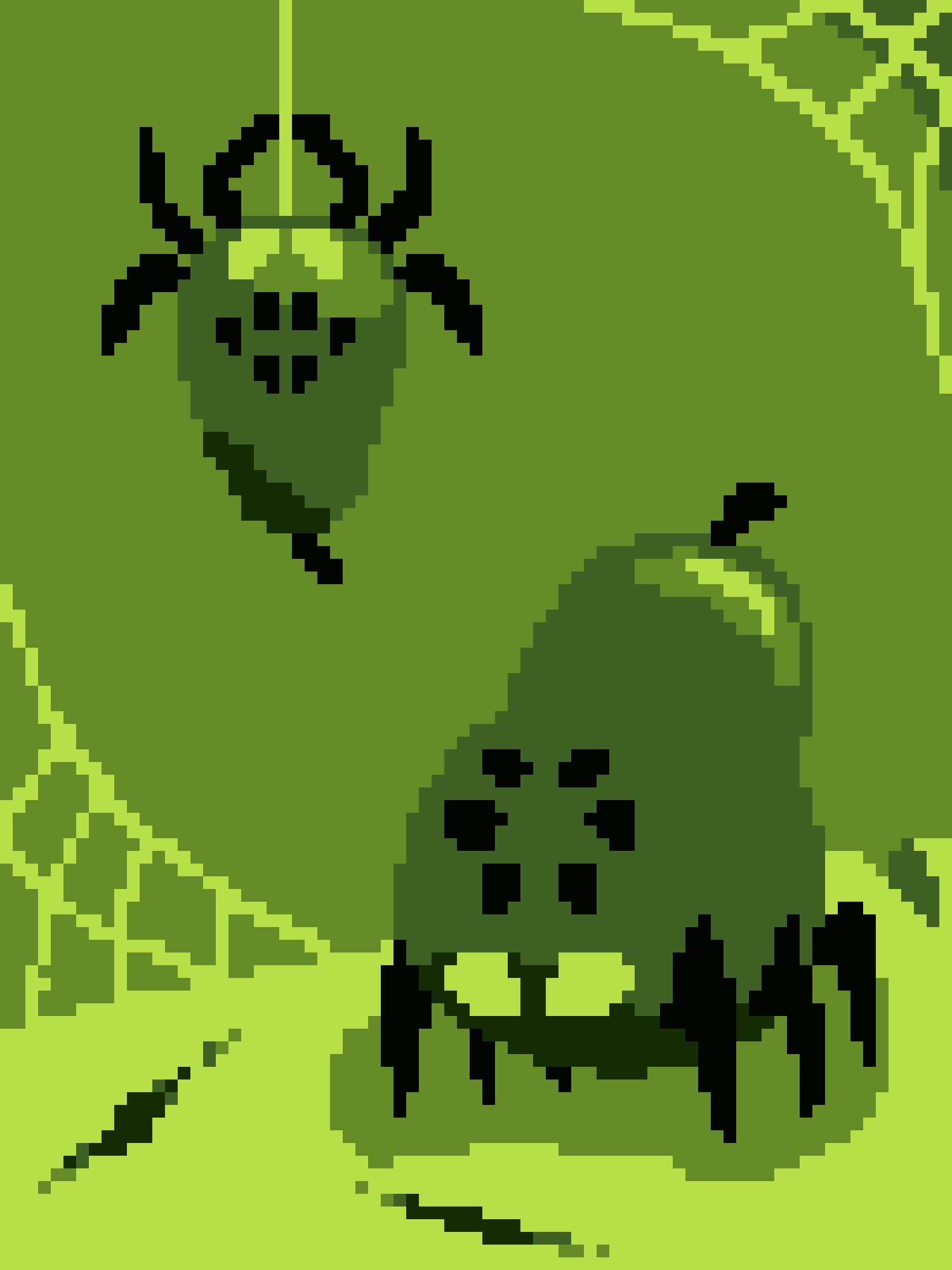 A pixel art image shows two green, cartoonish creatures with black eyes and horns, one hanging from a vine and the other…