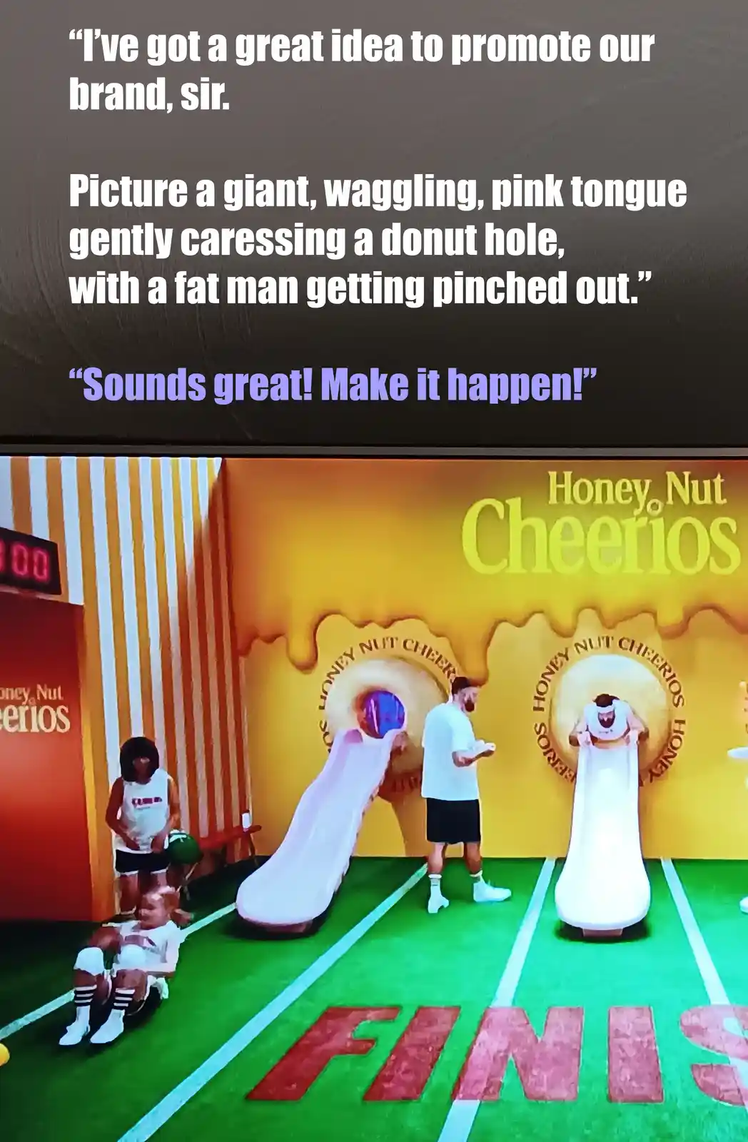 The image shows a promotional event for Honey Nut Cheerios with people sliding down giant pink tongues shaped like donut…