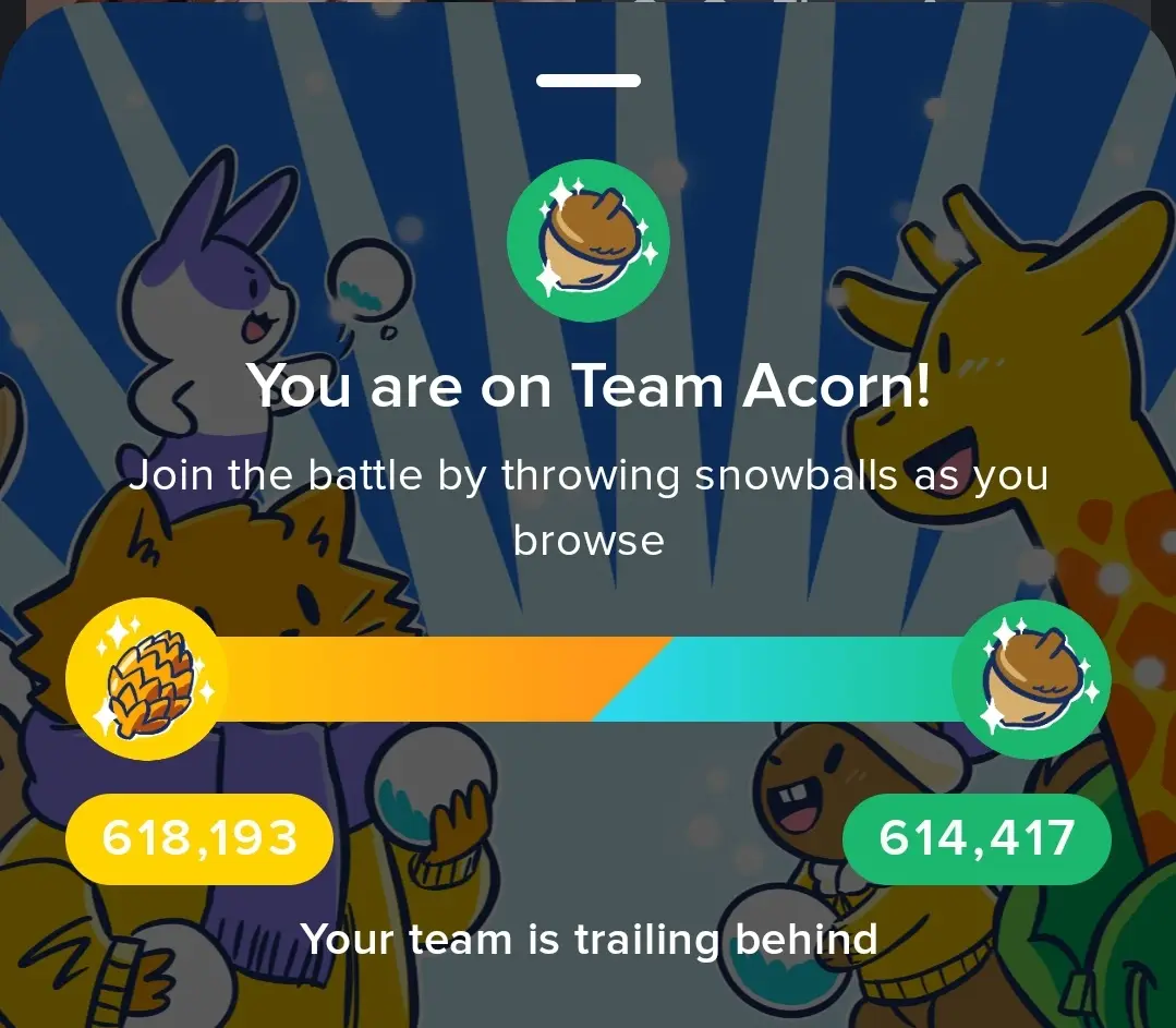 A screenshot of a mobile game interface showing a team battle between 'Team Acorn' and 'Team Pinecone', with scores 618,193…
