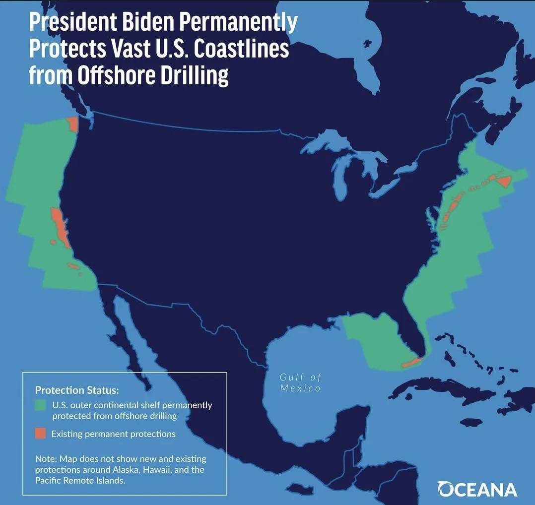 A map of the United States with green and orange areas along coastlines indicating protected zones from offshore drilling…