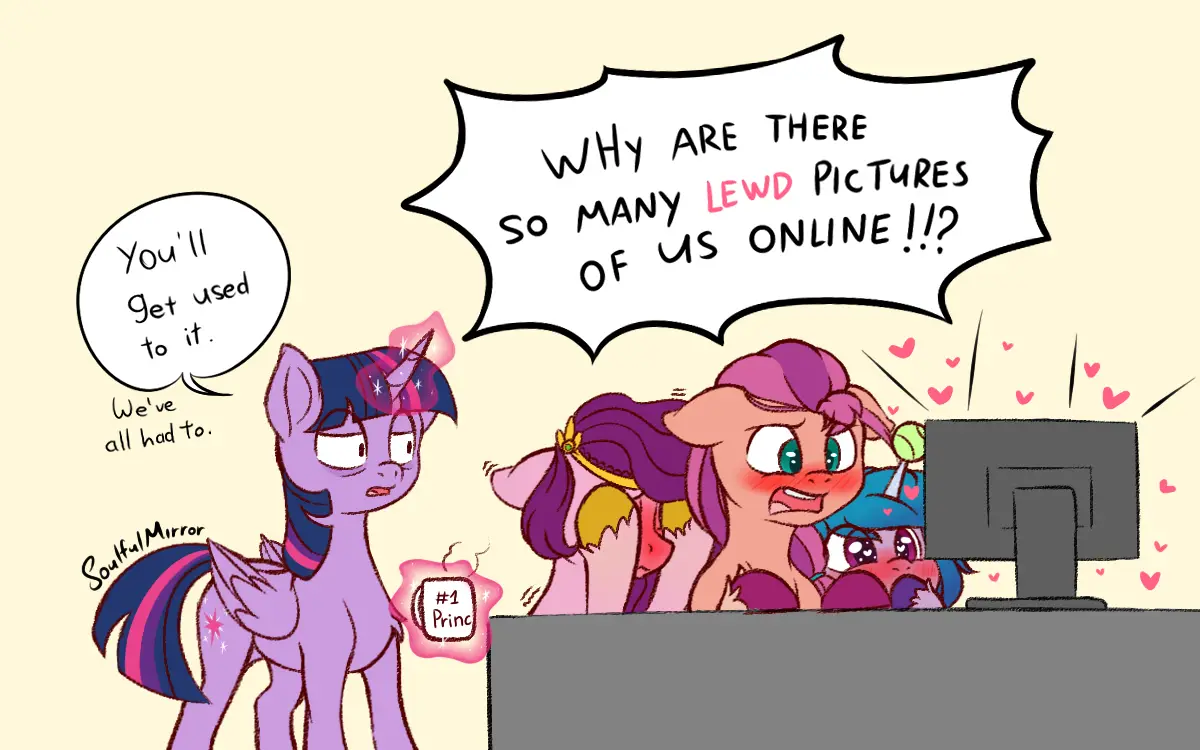 A cartoon image of several My Little Pony characters gathered around a computer monitor. One pony, with purple hair and a…