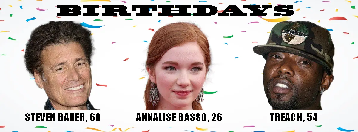 A celebratory image with confetti background and the word 'BIRTHDAYS' at the top, featuring three headshots: Steven Bauer…