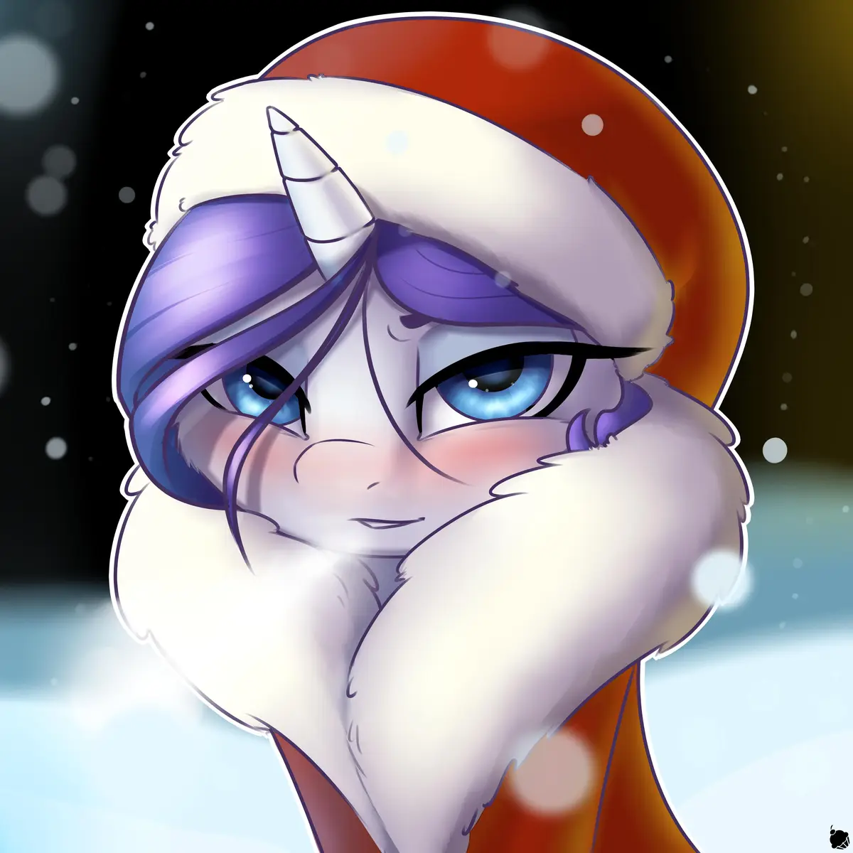 A cartoon pony with purple hair and a white horn wears a red and white Santa hat while looking slightly annoyed, with the…