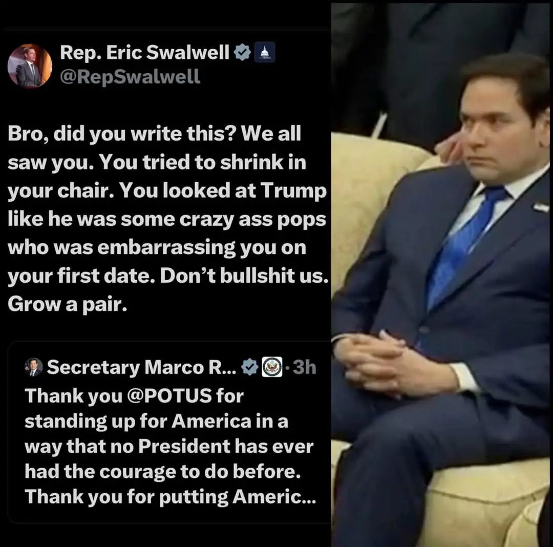A screenshot of a tweet from Rep. Eric Swalwell criticizing Secretary Marco Rubio for a tweet praising Trump, accompanied by…