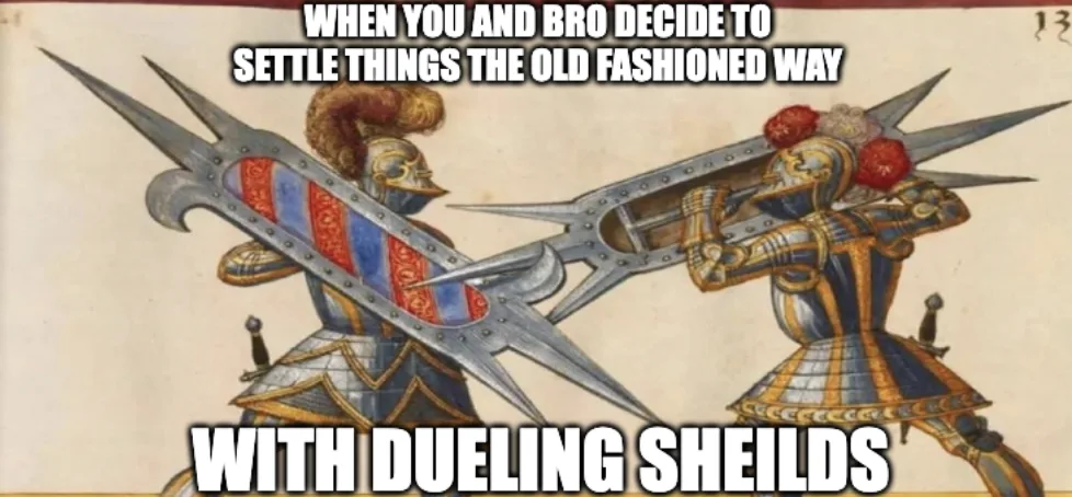 Two armored knights in medieval-style plate armor are shown locked in combat, each wielding a large, ornate shield with…