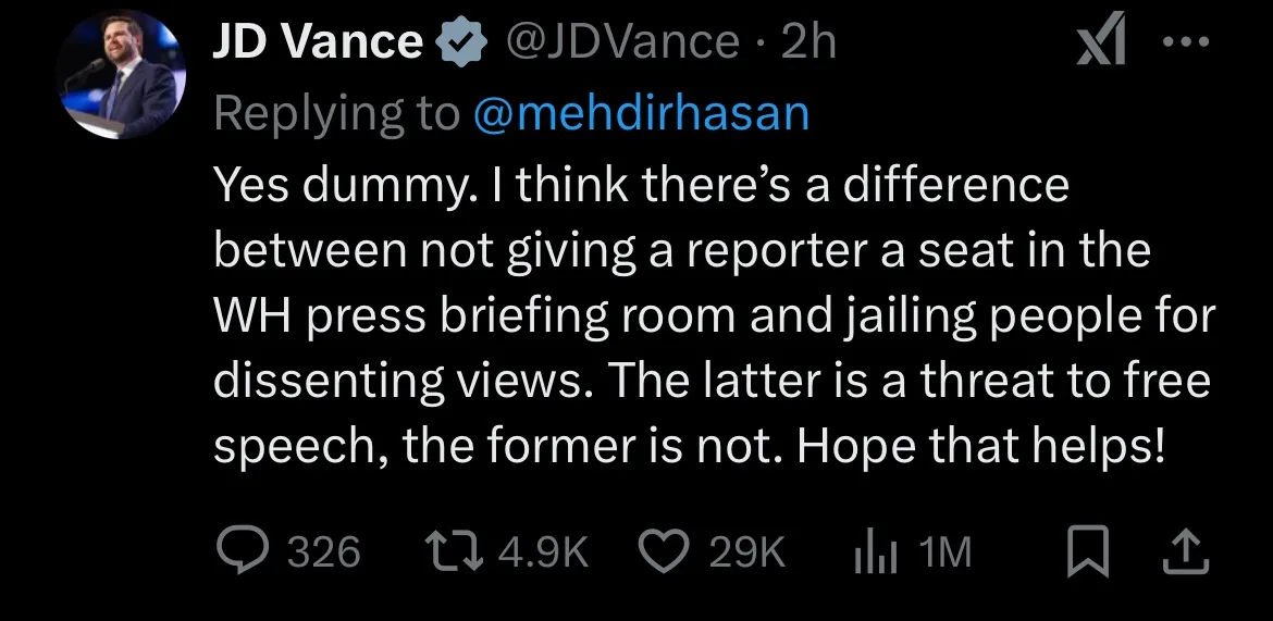 A screenshot of a tweet from JD Vance replying to @mehdirhasan. The tweet reads: 'Yes dummy. I think there's a difference…
