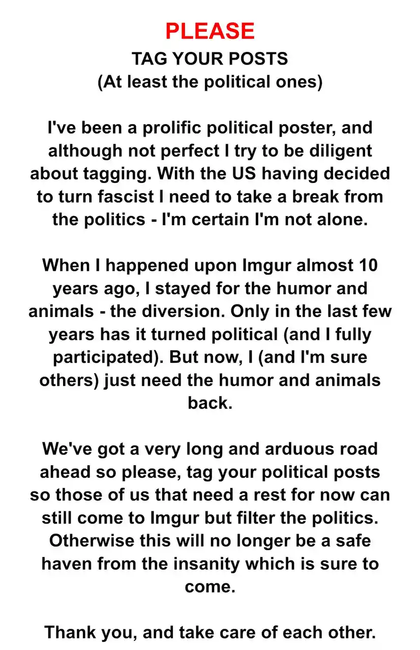A white-background image with black and red text that reads 'PLEASE TAG YOUR POSTS (At least the political ones)' followed…