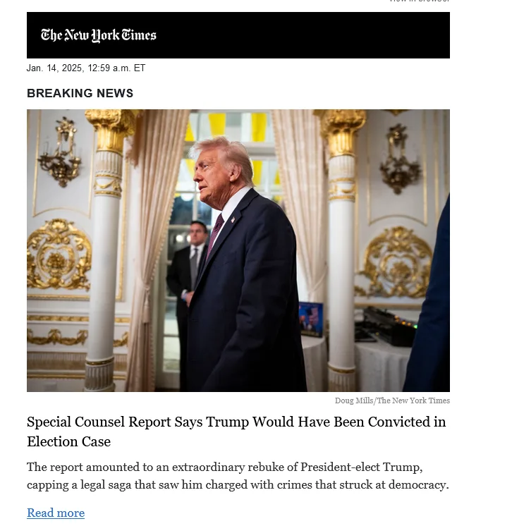 A screenshot of a New York Times article dated Jan. 14, 2025, featuring a photo of Donald Trump looking away in an ornate…