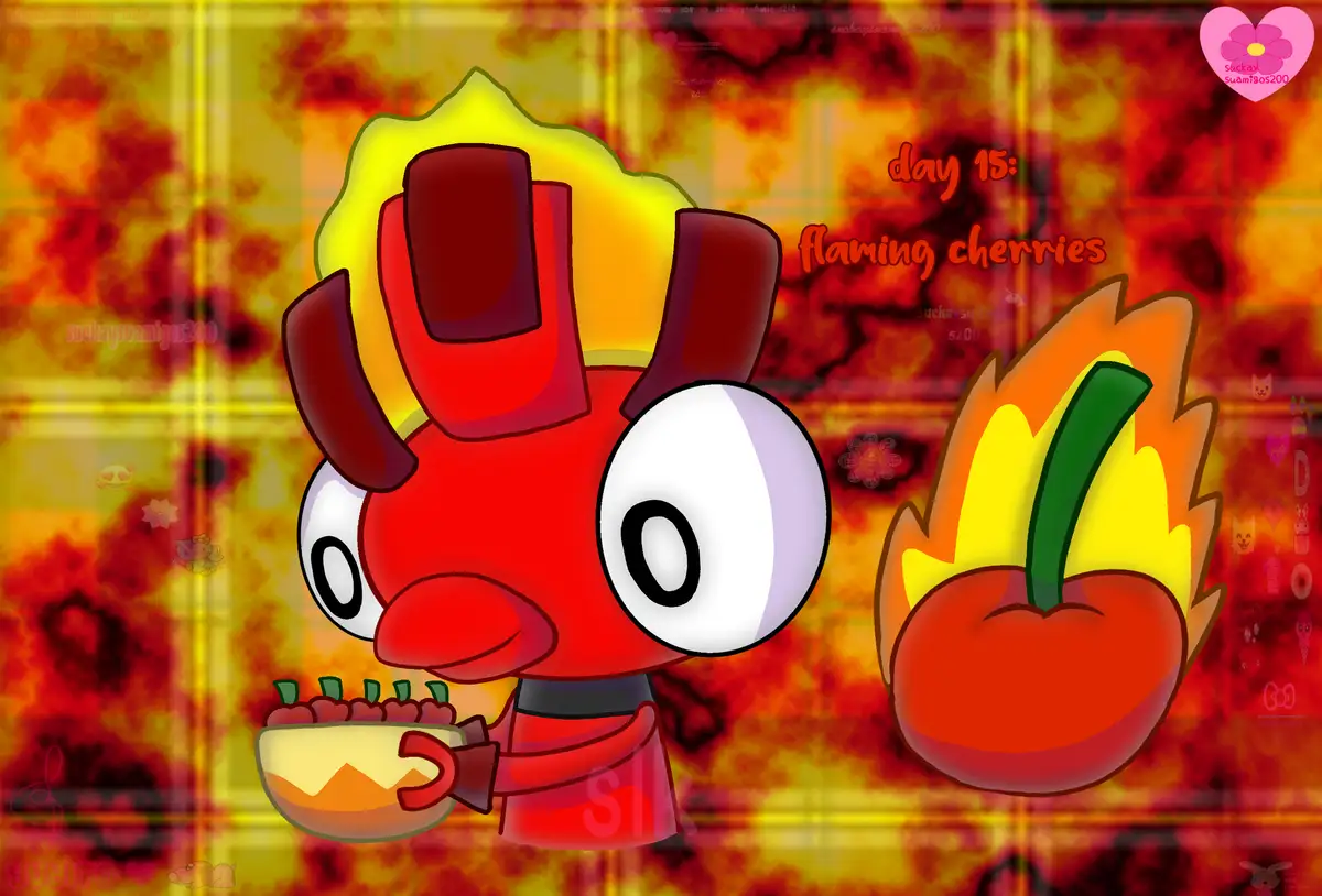 A cartoon red character with large eyes and a crown of flames holds a bowl of cherries, next to a single flaming cherry. The…