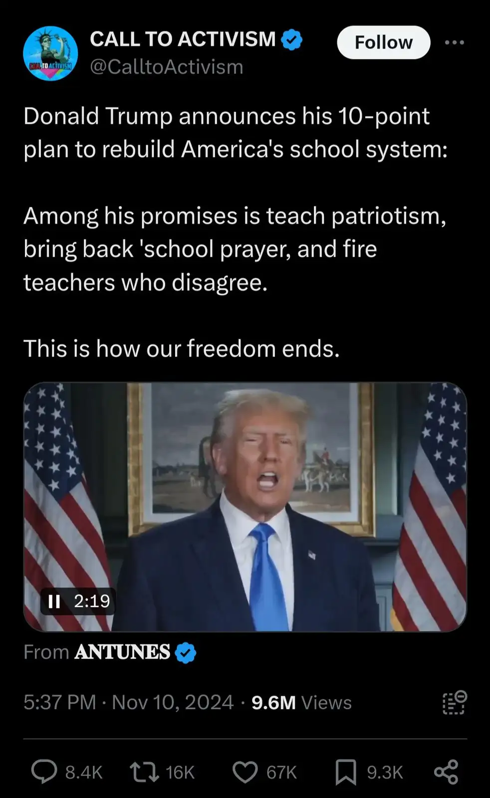A screenshot of a Twitter post by 'CALL TO ACTIVISM' featuring a video thumbnail of Donald Trump speaking in front of two…